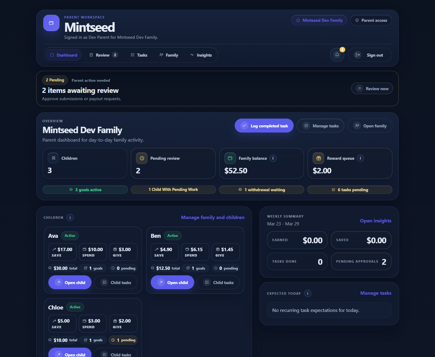 Mintseed parent dashboard showing the pending review banner, snapshot metrics, child cards, and review queue