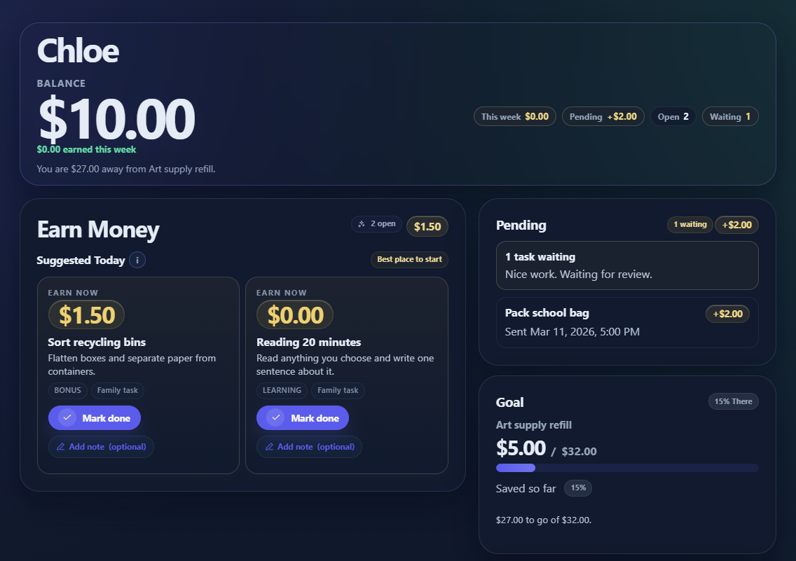Mintseed child mode showing balance, suggested tasks, the pending queue, and goal progress